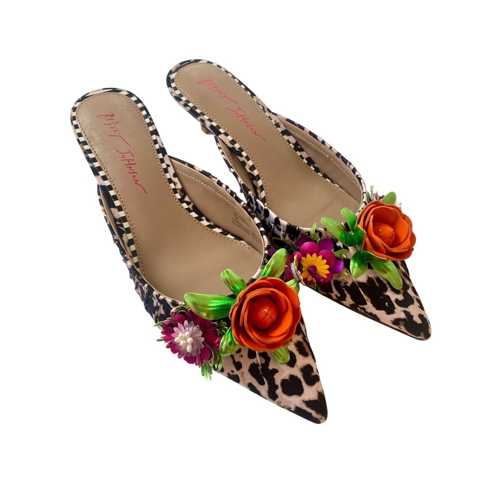 NWOT Betsey Johnson Abigail Leopard Print Floral Kitten Heel Mules sz Size 7.5M